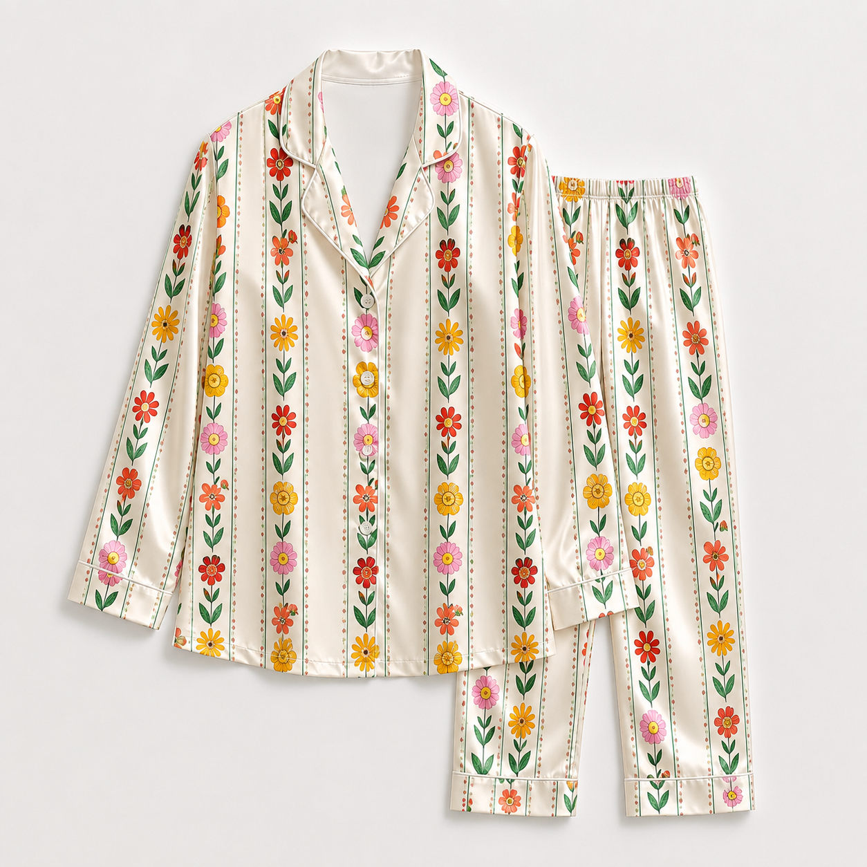 PJ-M342-Botanical Garden Print Pajama Set Featuring Delicate Floral Motifs Crafted From Breathable Premium Organic Silk Fabric