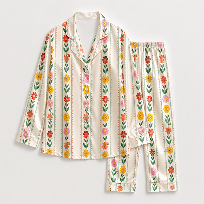 PJ-M342-Botanical Garden Print Pajama Set Featuring Delicate Floral Motifs Crafted From Breathable Premium Organic Silk Fabric