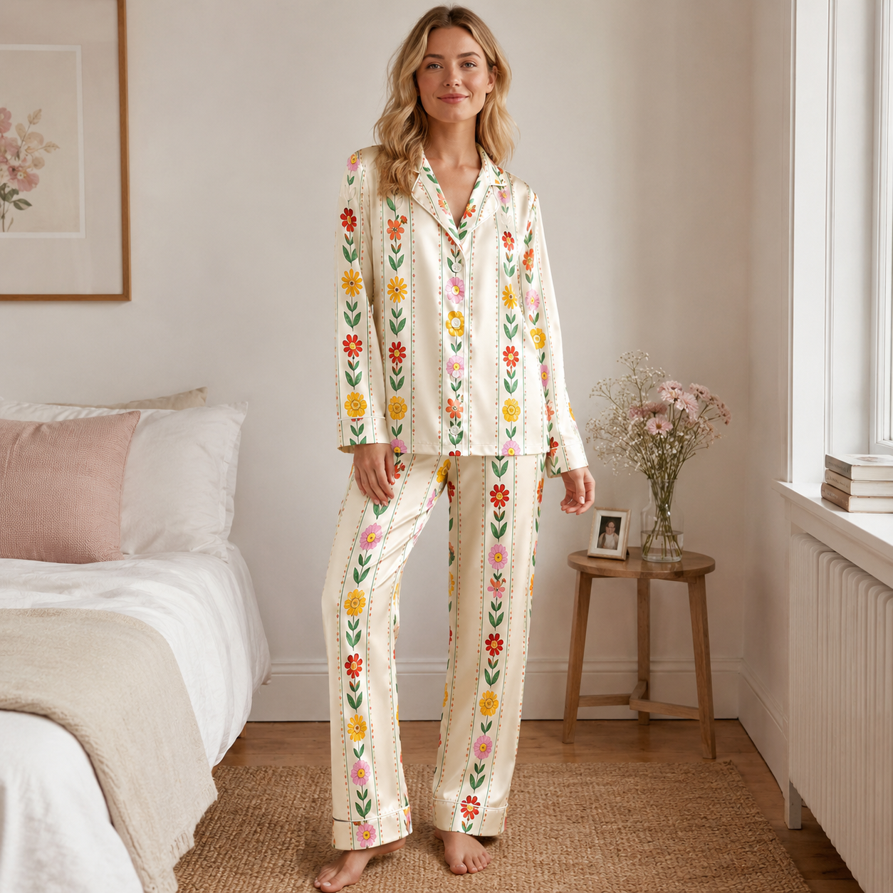 PJ-M342-Botanical Garden Print Pajama Set Featuring Delicate Floral Motifs Crafted From Breathable Premium Organic Silk Fabric