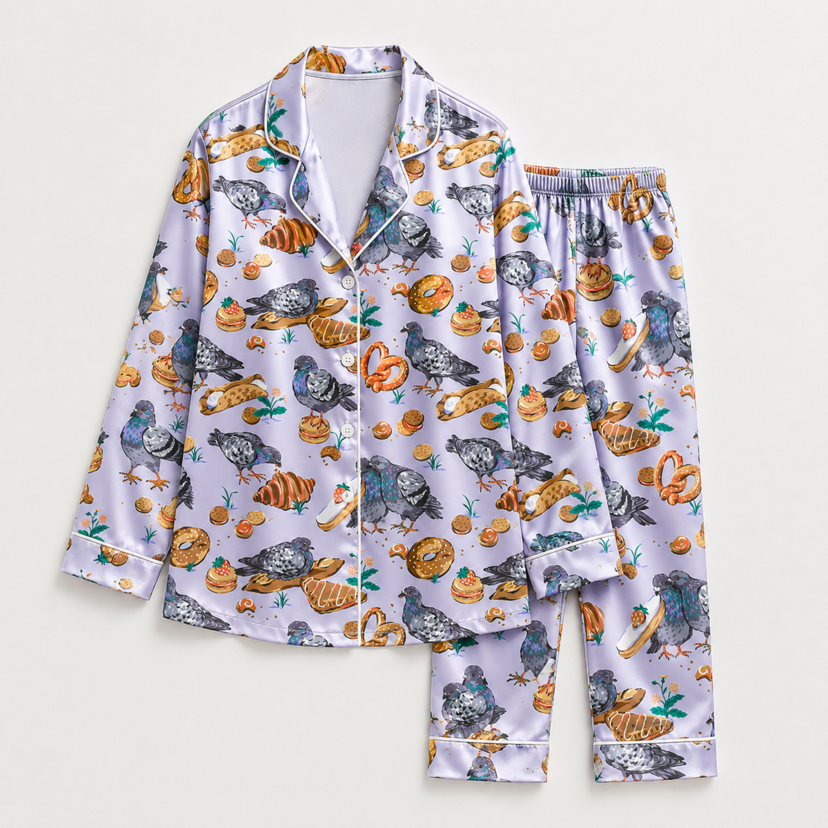 PJ-M343-Lilac Satin Pigeon And Pastry Print Pajamas Sleepwear Set