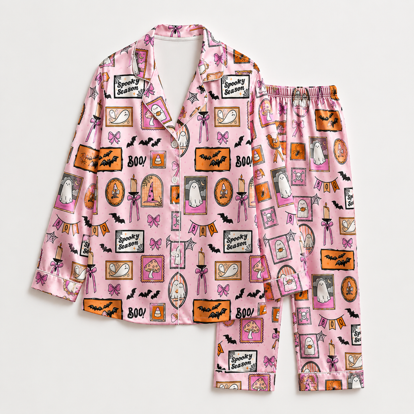 PJ-M344-Pink Satin Spooky Season Ghost Print Pajamas Halloween Sleepwear