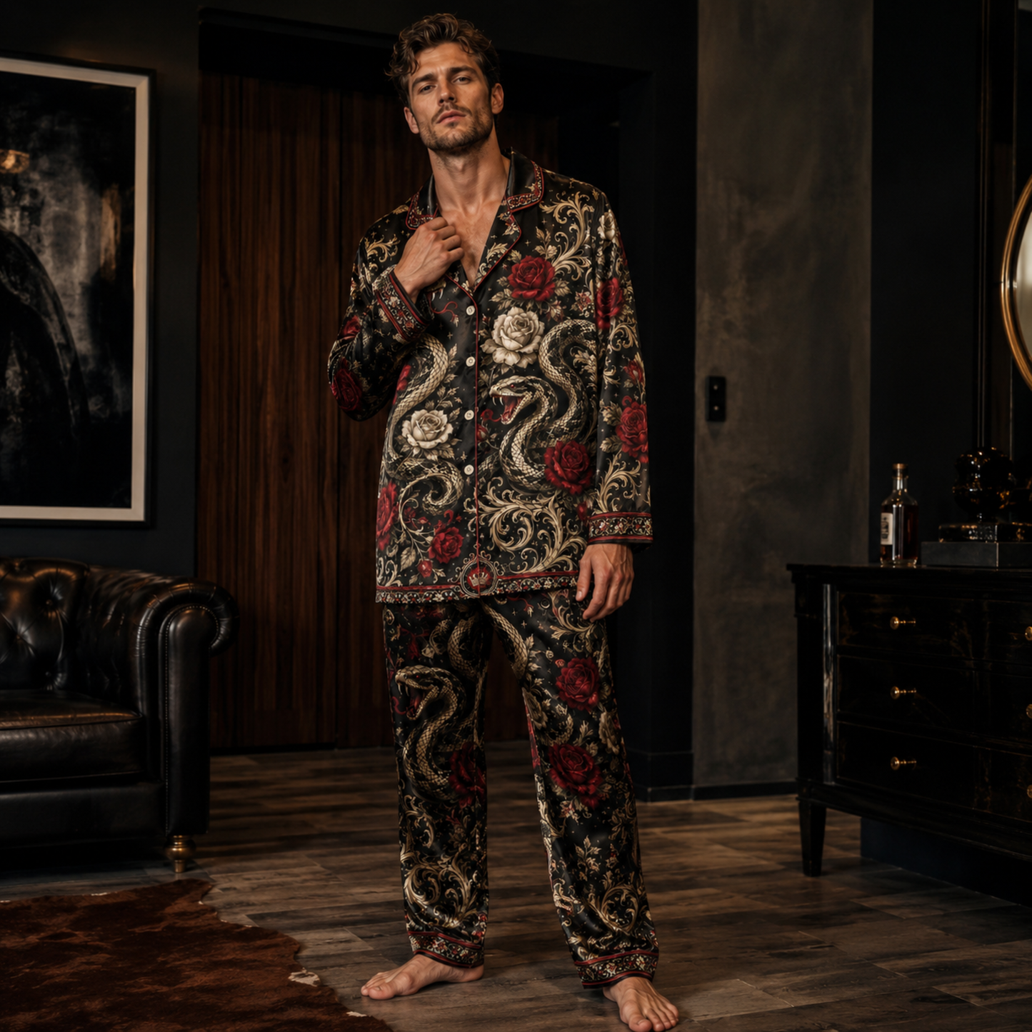 PJ-M347-Cool Streetwear-Inspired Snake Motif Loungewear Set Designed With A Relaxed Fit For A Modern Edge