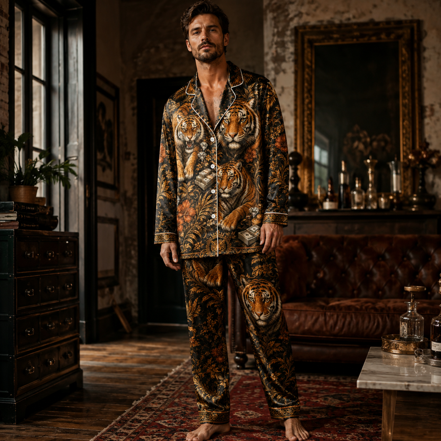 PJ-M348-Tough Tiger Predator Graphic Pajama Set Showcasing A Powerful Silhouette In A Sharp Monochrome Palette