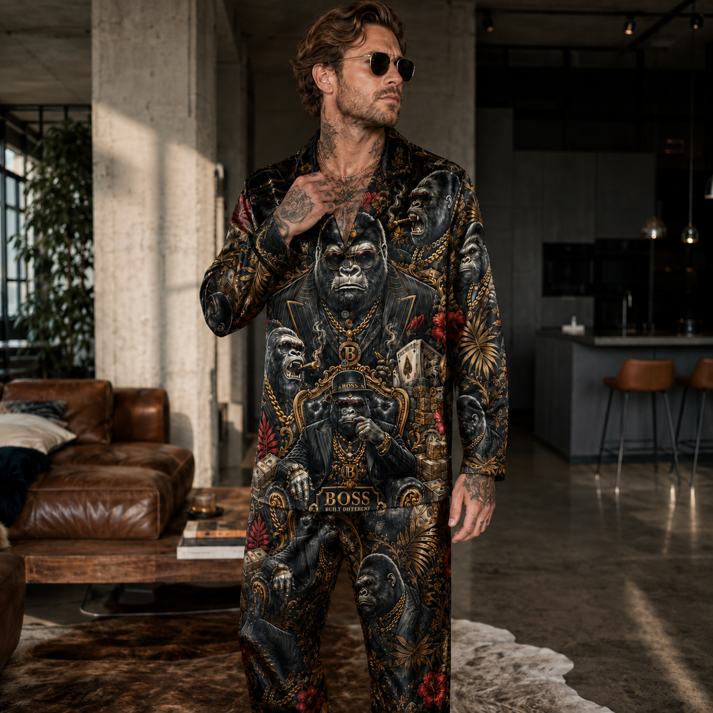 PJ-M349-Edgy King Kong Abstract Pattern Pajama Set Crafted From Ultra-Soft Jersey Material For Ultimate Nightly Comfort