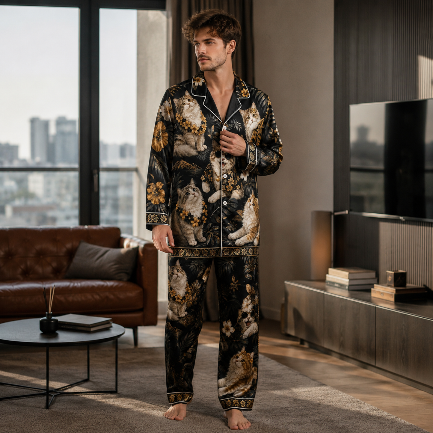PJ-M350-Cool Tribal Style Cat Motif Pajama Set Perfect For Those Who Prefer A Fierce And Tough Aesthetic