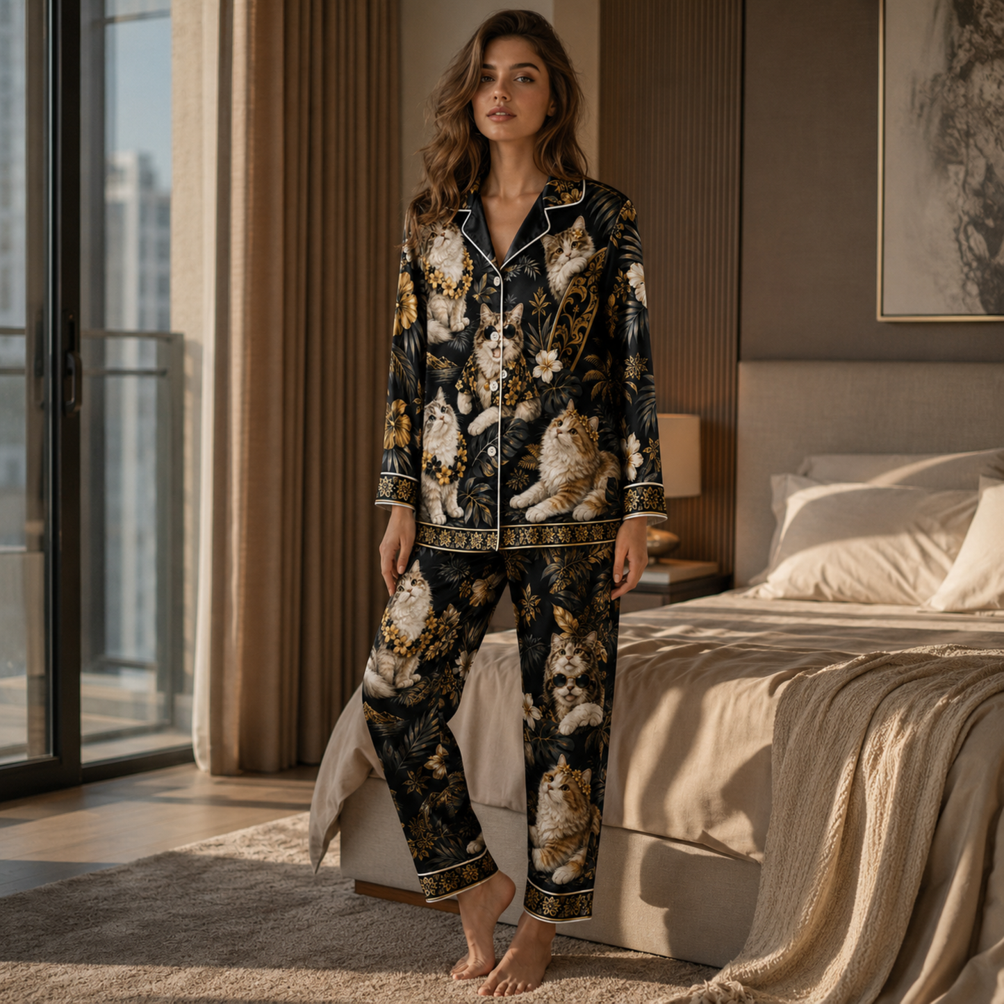 PJ-M350-Cool Tribal Style Cat Motif Pajama Set Perfect For Those Who Prefer A Fierce And Tough Aesthetic