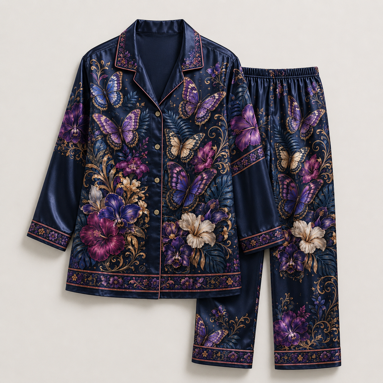 PJ-M351-Striking Floral Landscape Butterfly Pajama Set Designed With A Relaxed Silhouette And Vibrant Graphic Details