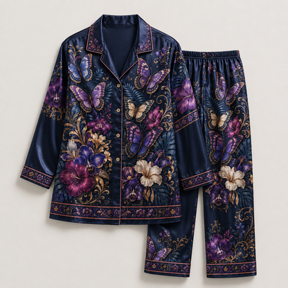 PJ-M351-Striking Floral Landscape Butterfly Pajama Set Designed With A Relaxed Silhouette And Vibrant Graphic Details