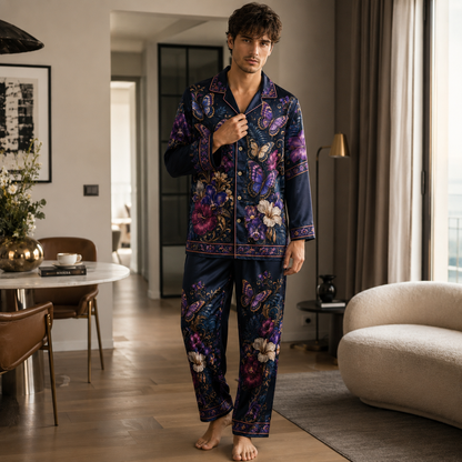 PJ-M351-Striking Floral Landscape Butterfly Pajama Set Designed With A Relaxed Silhouette And Vibrant Graphic Details