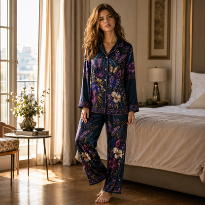 PJ-M351-Striking Floral Landscape Butterfly Pajama Set Designed With A Relaxed Silhouette And Vibrant Graphic Details