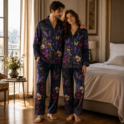 PJ-M351-Striking Floral Landscape Butterfly Pajama Set Designed With A Relaxed Silhouette And Vibrant Graphic Details