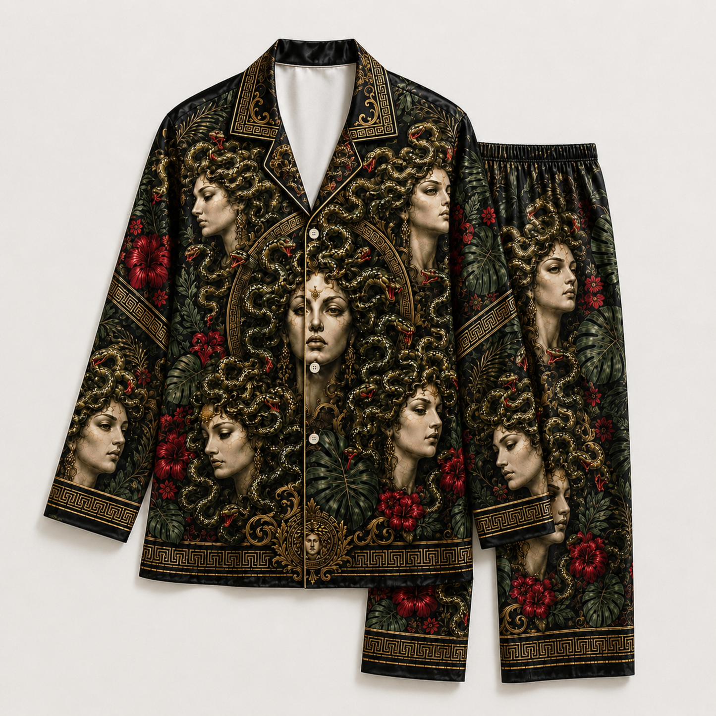 PJ-M352-Mythical Medusa Graphic Pajama Set Designed With A Relaxed Fit And Bold Artistic Elements