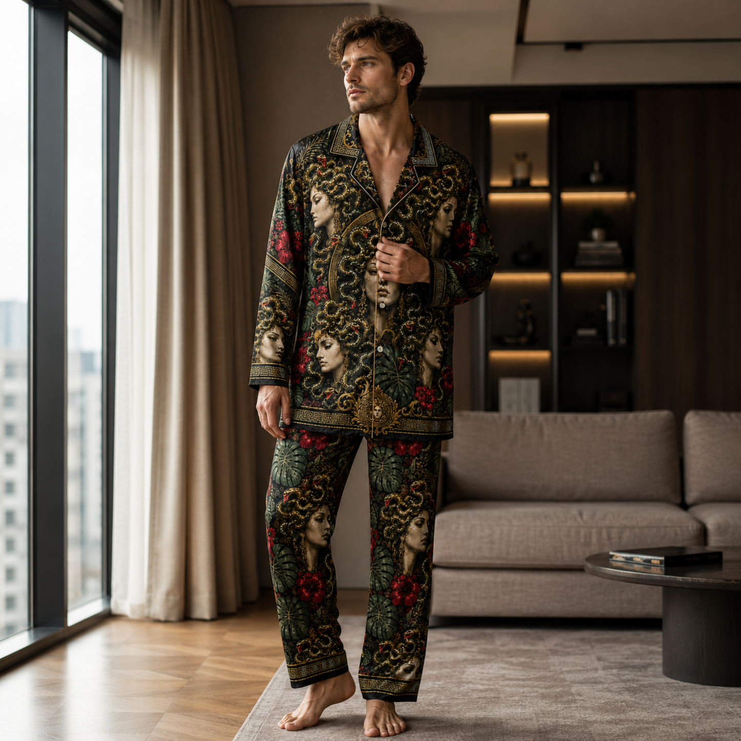 PJ-M352-Mythical Medusa Graphic Pajama Set Designed With A Relaxed Fit And Bold Artistic Elements