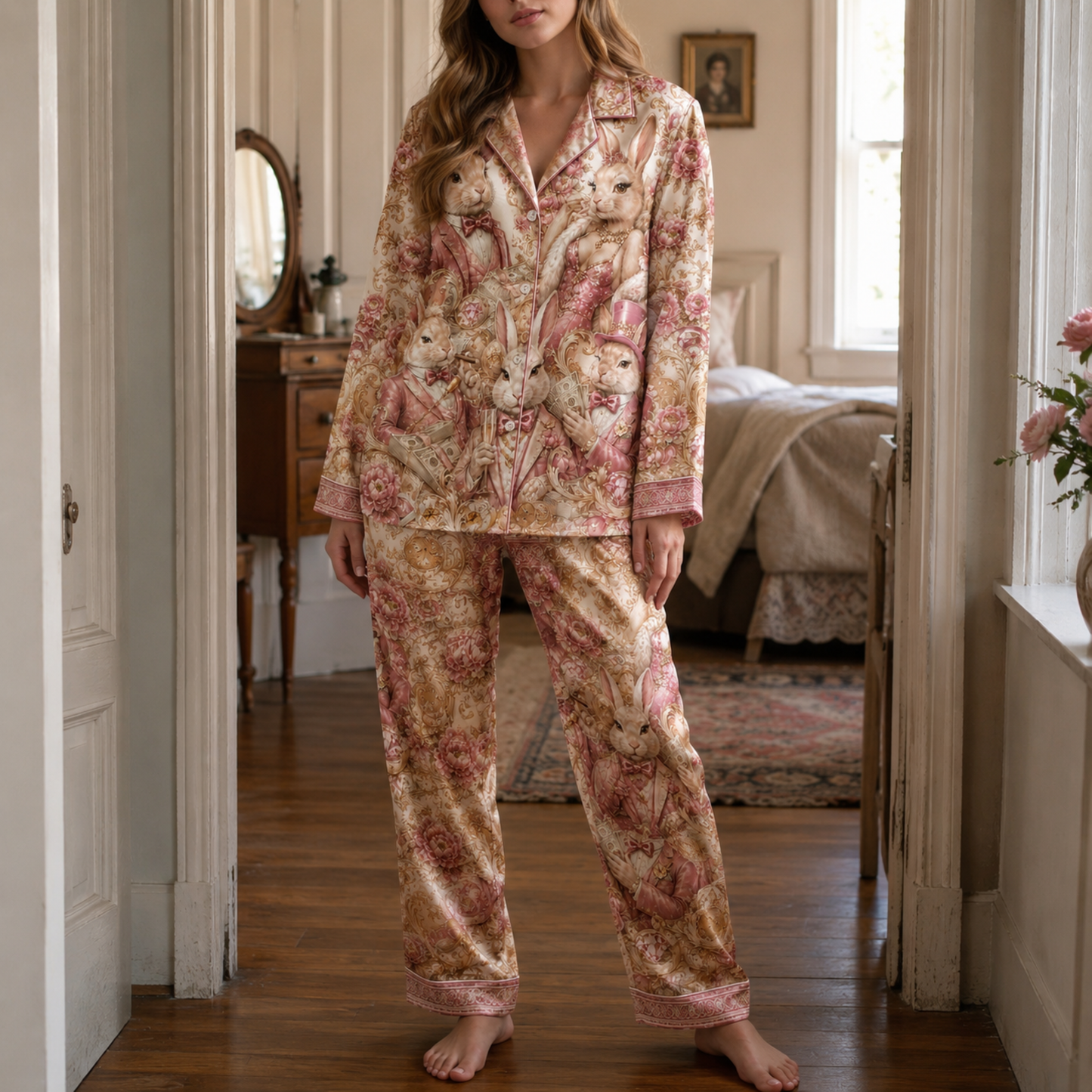PJ-M353-Edgy Rabbit Motif Loungewear Set Designed With A Relaxed Fit For A Modern, High-Contrast Aesthetic