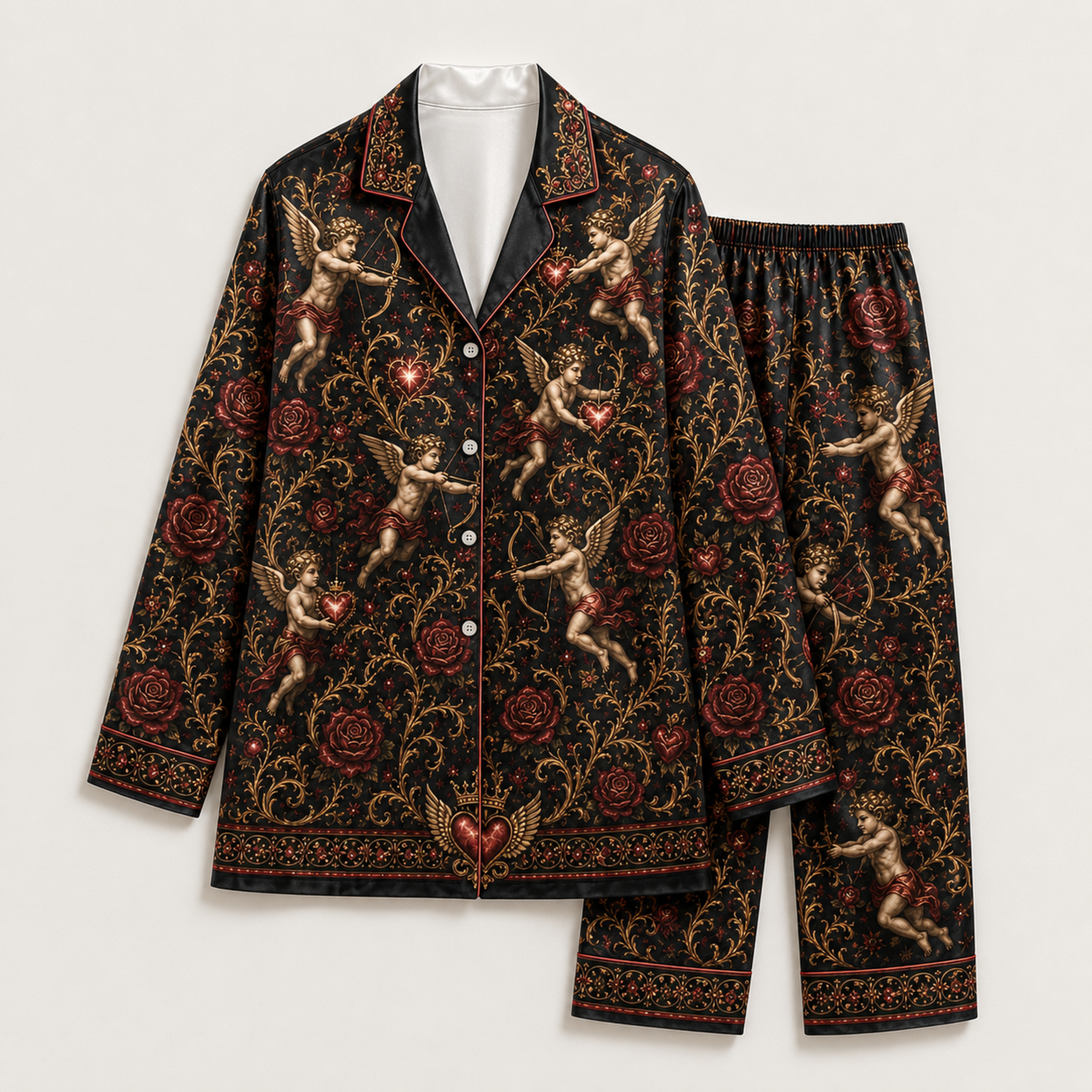 PJ-M354-Baroque Renaissance Cherub and Golden Rose Satin Pajama Set with Romantic Heart and Wing Accents