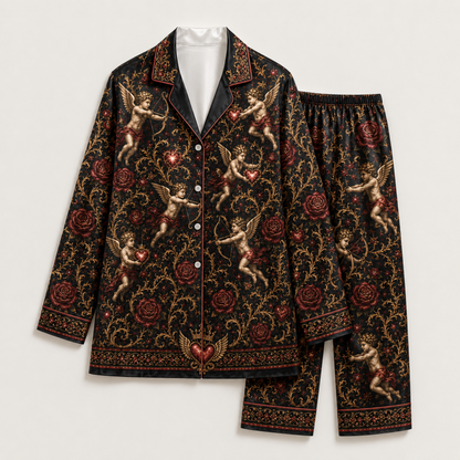 PJ-M354-Baroque Renaissance Cherub and Golden Rose Satin Pajama Set with Romantic Heart and Wing Accents