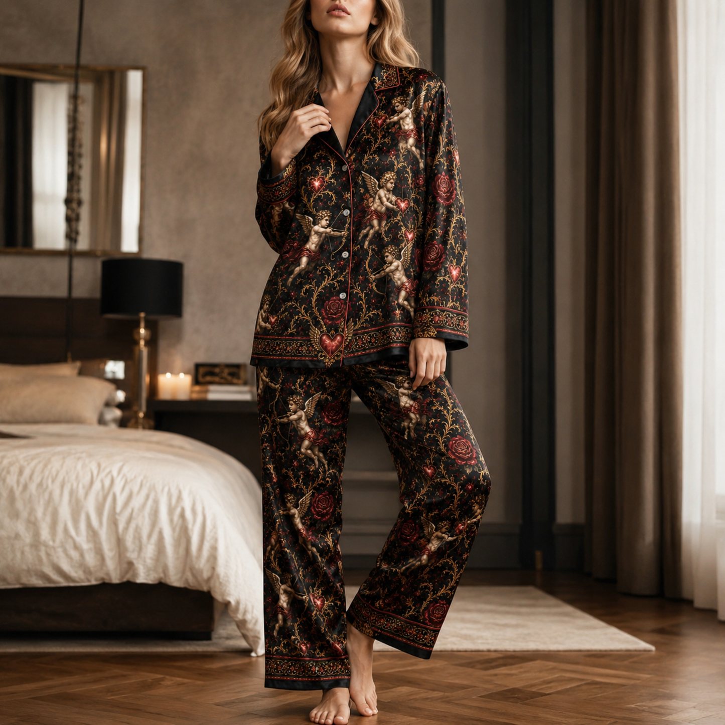 PJ-M354-Baroque Renaissance Cherub and Golden Rose Satin Pajama Set with Romantic Heart and Wing Accents