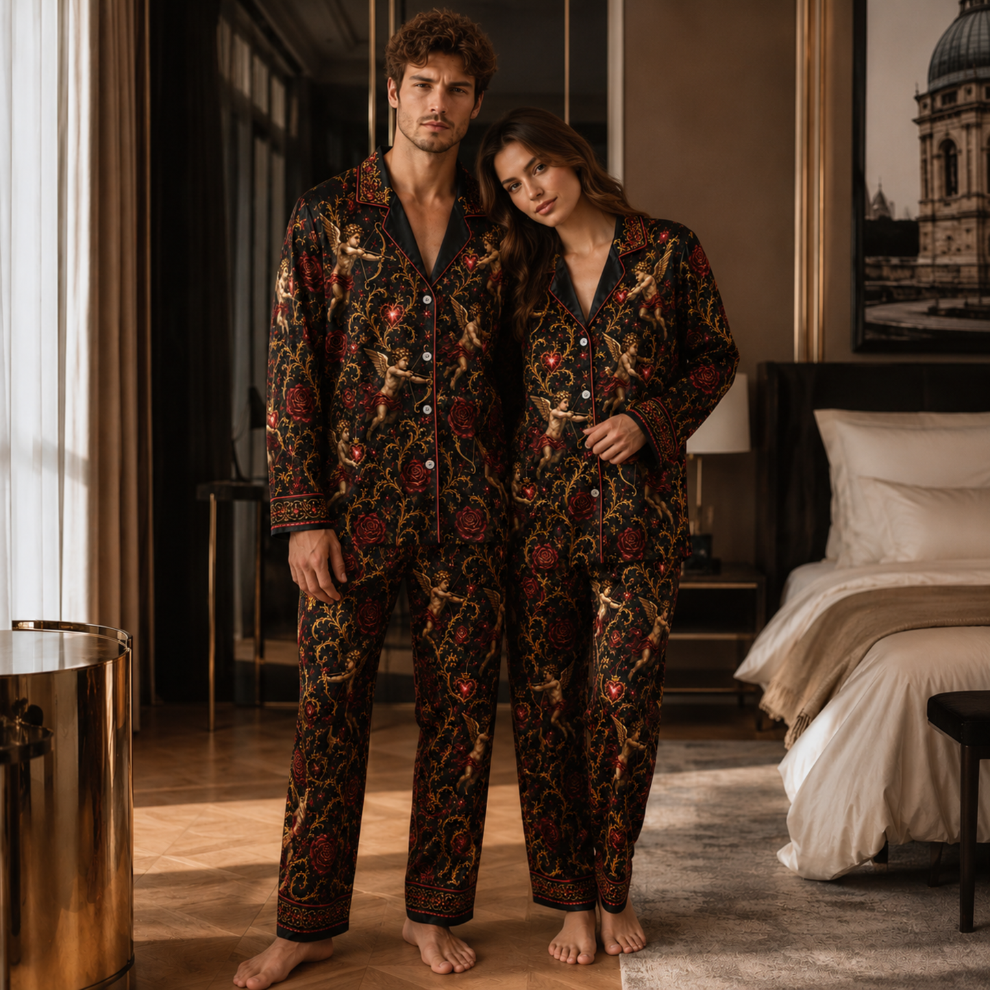 PJ-M354-Baroque Renaissance Cherub and Golden Rose Satin Pajama Set with Romantic Heart and Wing Accents