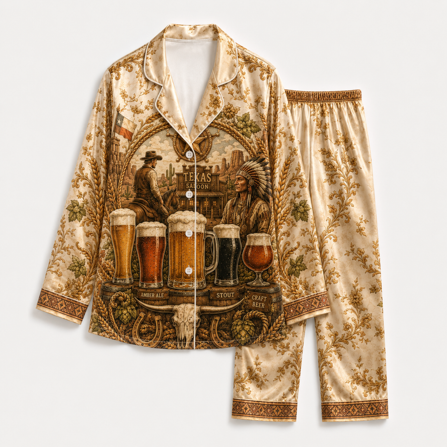 PJ-M355-Gold Satin Western Texas Saloon Beer Print Pajamas Vintage Country Sleepwear Set