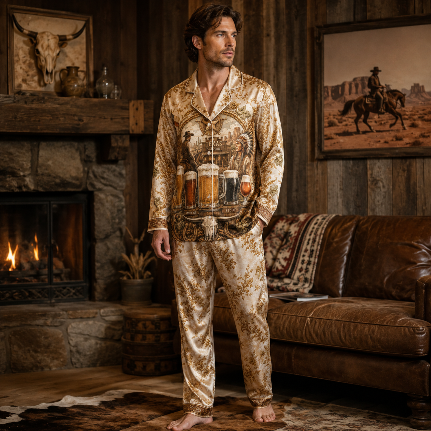 PJ-M355-Gold Satin Western Texas Saloon Beer Print Pajamas Vintage Country Sleepwear Set