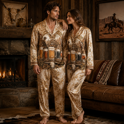 PJ-M355-Gold Satin Western Texas Saloon Beer Print Pajamas Vintage Country Sleepwear Set