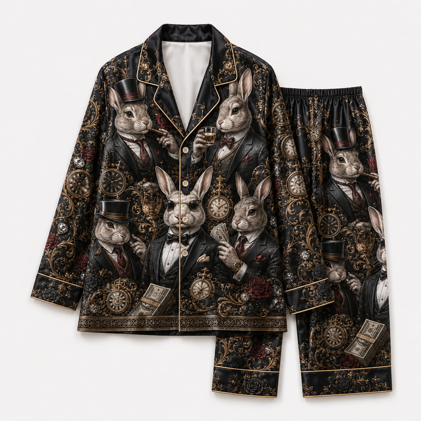 PJ-M356-Modern Rabbit Motif Pajama Set Featuring A Sharp, Edgy Silhouette