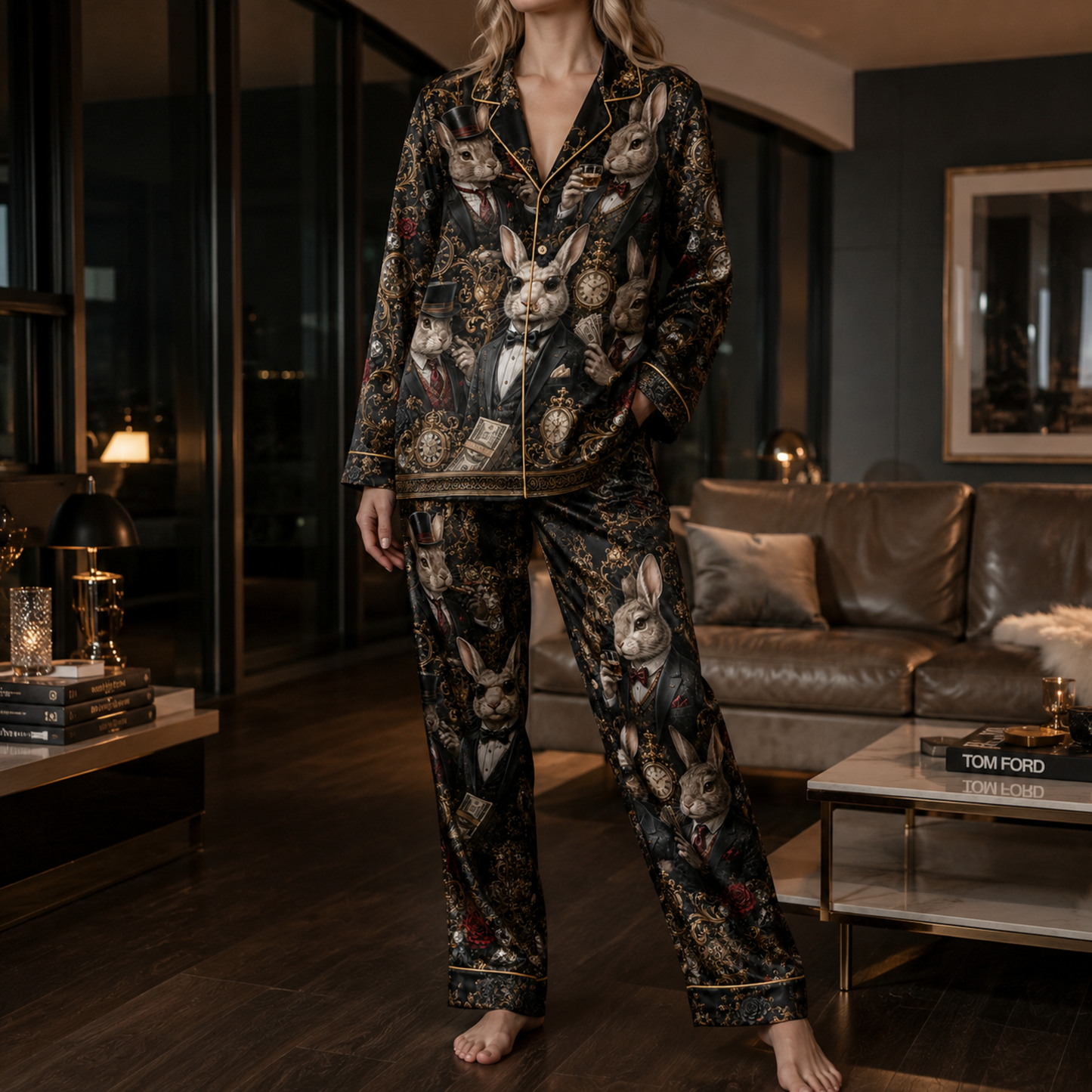 PJ-M356-Modern Rabbit Motif Pajama Set Featuring A Sharp, Edgy Silhouette