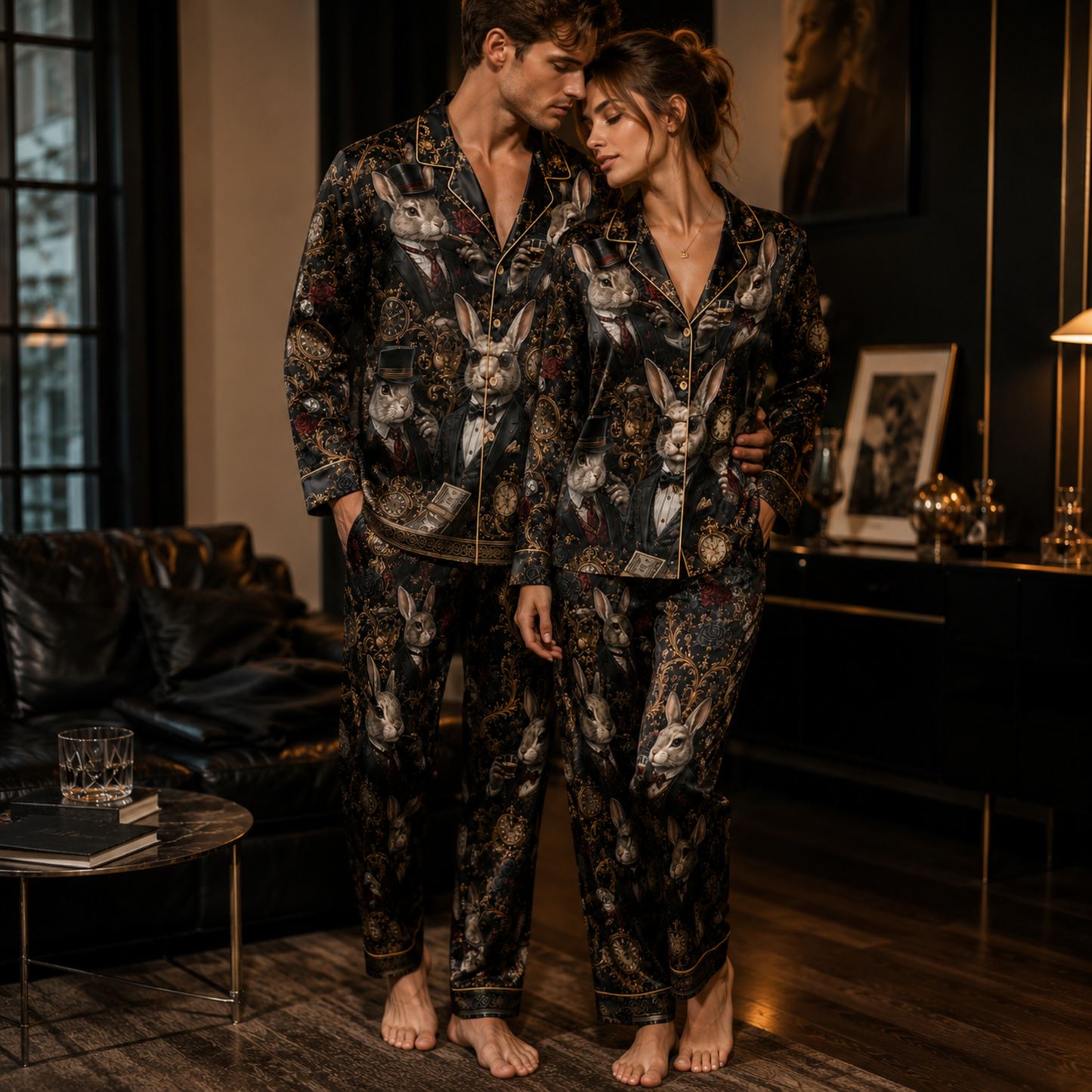 PJ-M356-Modern Rabbit Motif Pajama Set Featuring A Sharp, Edgy Silhouette
