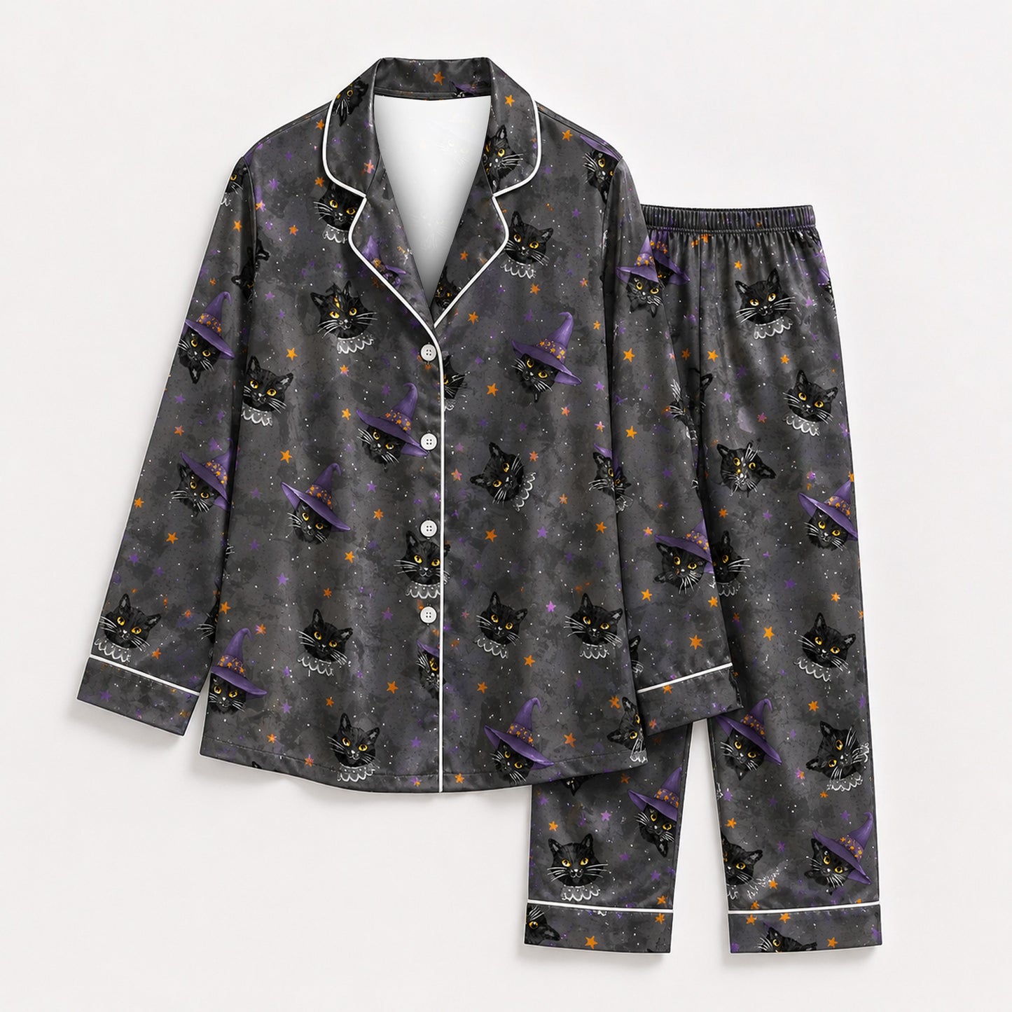 PJ-M358-Black Satin Witch Cat Print Pajamas Celestial Halloween Sleepwear