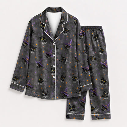 PJ-M358-Black Satin Witch Cat Print Pajamas Celestial Halloween Sleepwear