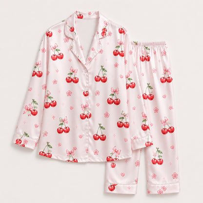 PJ-M362-Pink Satin Sweet Cherry Bow Print Pajamas Coquette Sleepwear