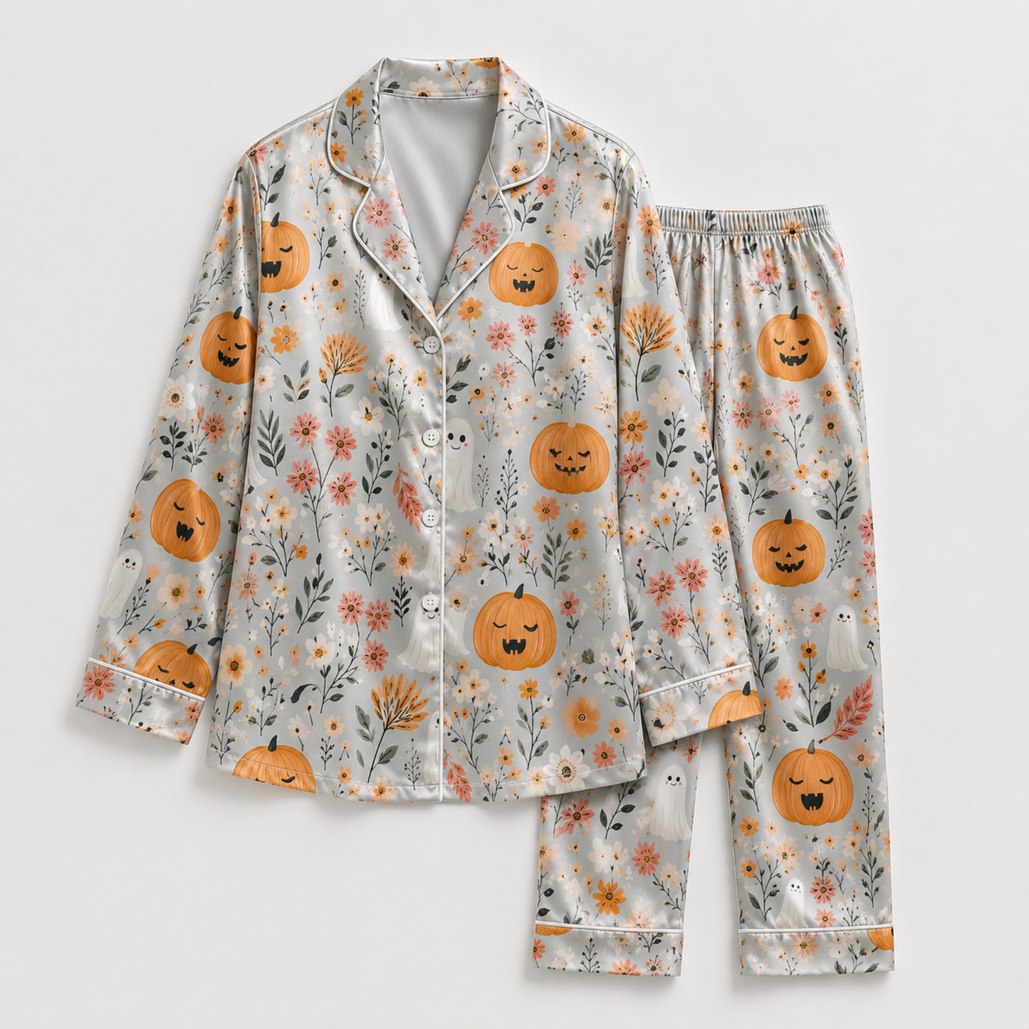 PJ-M363-Refined Botanical Halloween Motif Sleepwear Set Featuring Intricate Line-Art On A Rich Foundation
