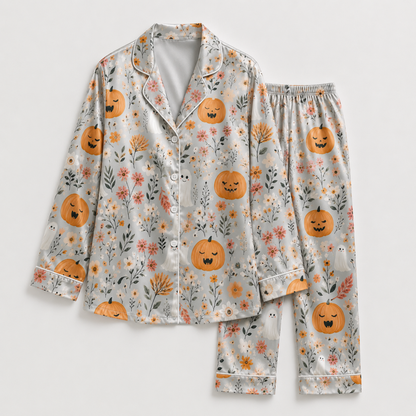 PJ-M363-Refined Botanical Halloween Motif Sleepwear Set Featuring Intricate Line-Art On A Rich Foundation