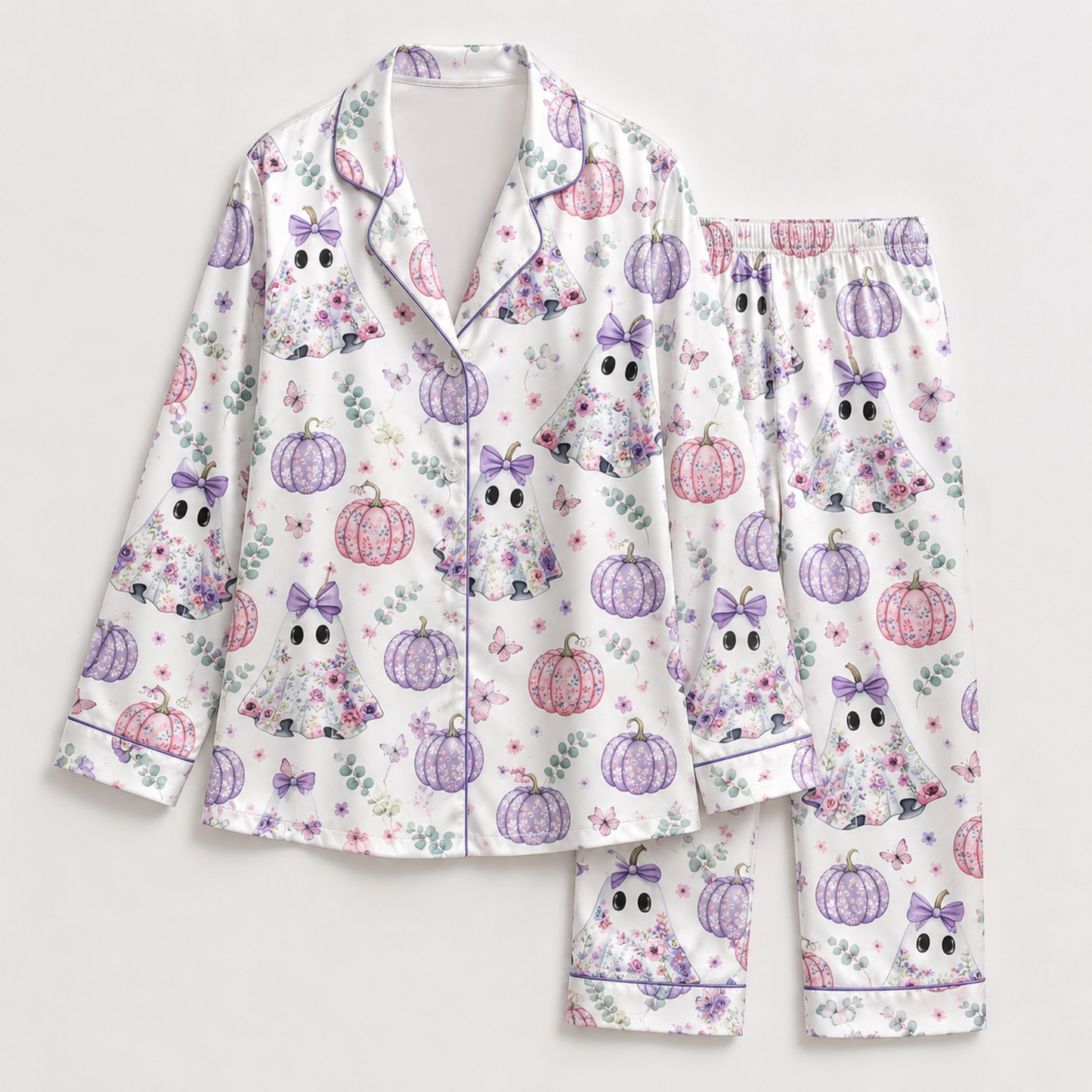 PJ-M364-Ornate Cute Ghost Sleepwear Set Featuring A Sharp Precision Print For A Modern Aesthetic