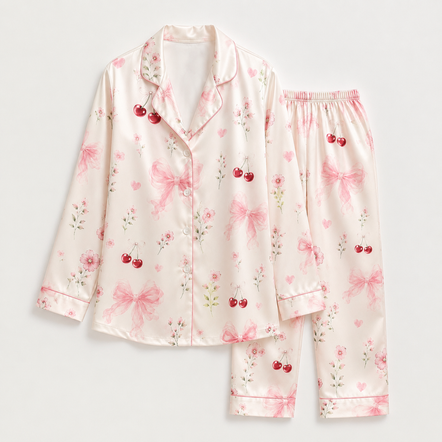 PJ-M365-Ivory Satin Coquette Pajamas Cherry And Pink Ribbon Floral Sleepwear