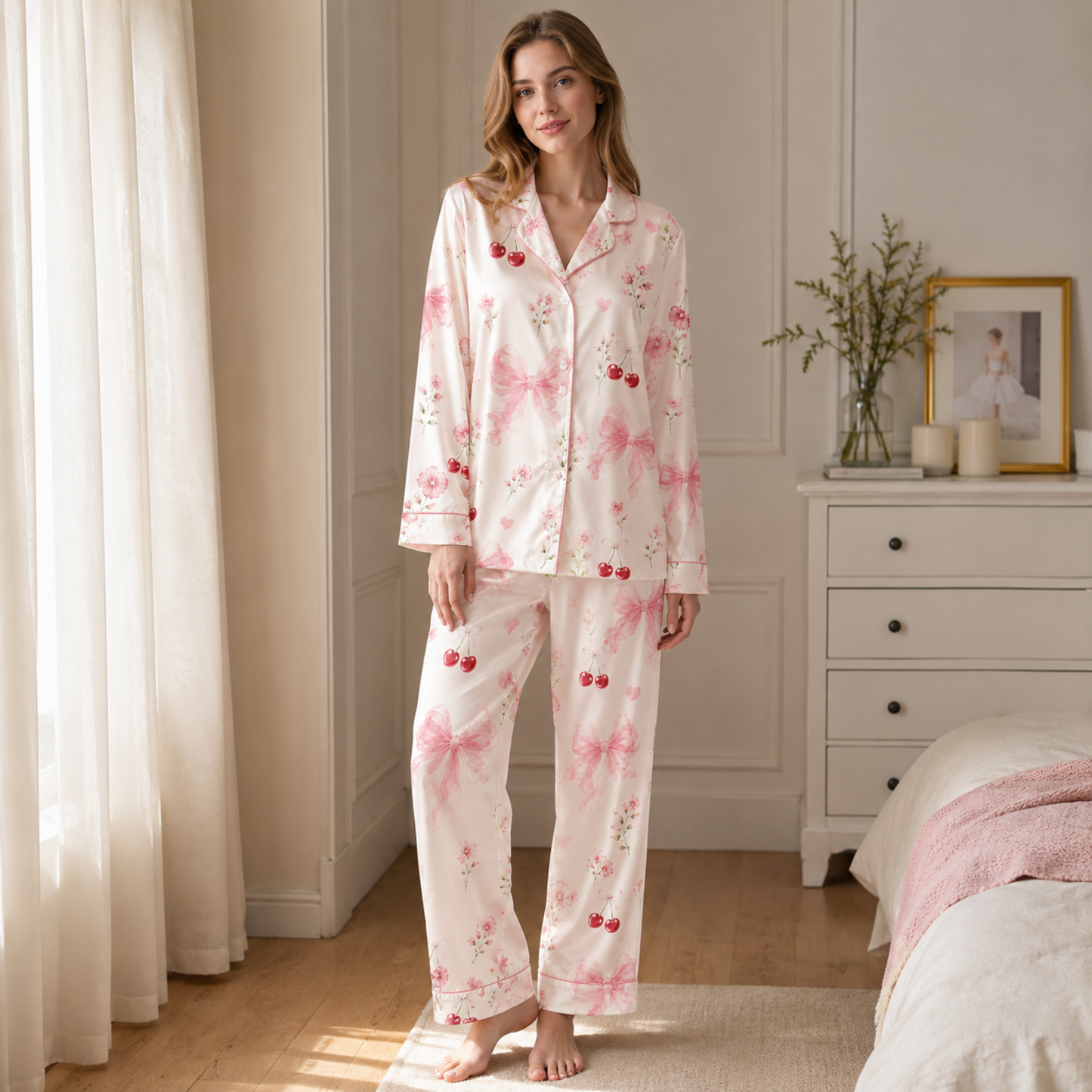 PJ-M365-Ivory Satin Coquette Pajamas Cherry And Pink Ribbon Floral Sleepwear