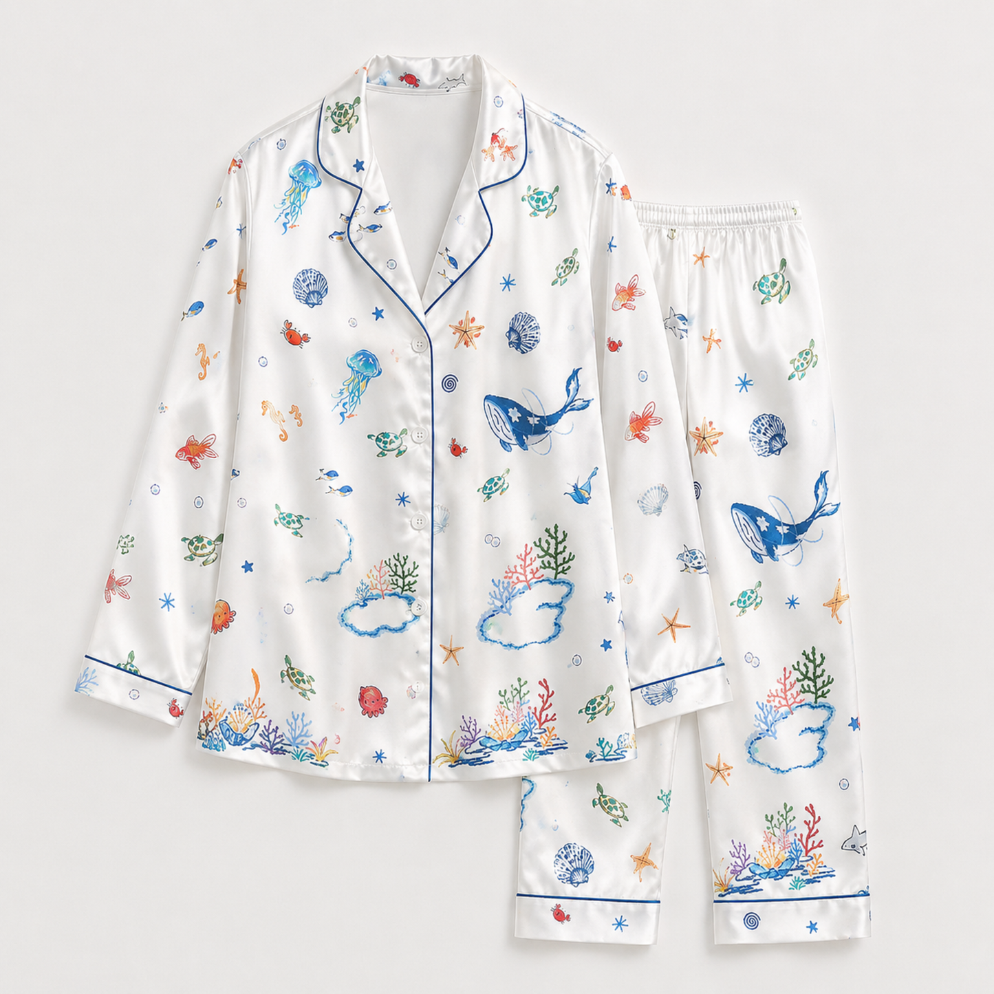 PJ-M368-White Satin Ocean Animal Print Pajamas Sea Life Sleepwear Set