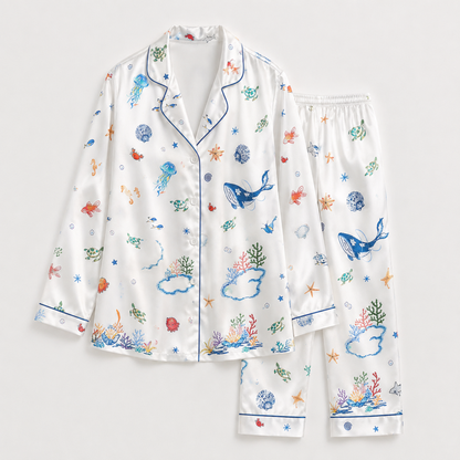 PJ-M368-White Satin Ocean Animal Print Pajamas Sea Life Sleepwear Set