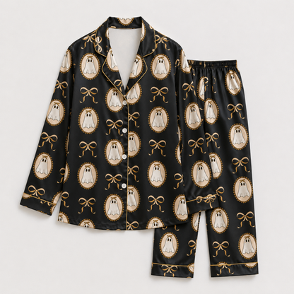 PJ-M370-Elegant Cameo Ghost and Ribbon Bow Satin Pajama Set for Sophisticated Halloween Seasonal Lounging