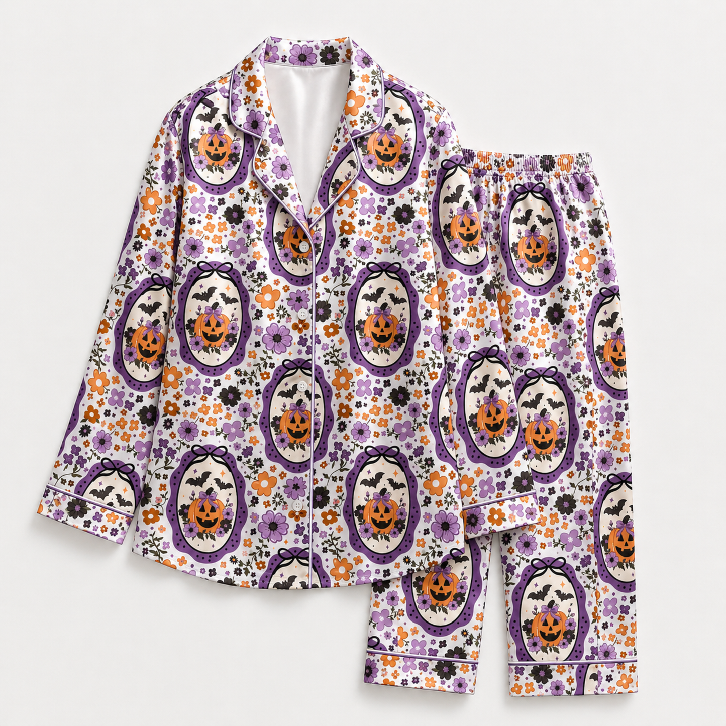 PJ-M371-Retro Floral Halloween Satin Pajamas Purple Cameo Pumpkin Bat Sleepwear Pjs