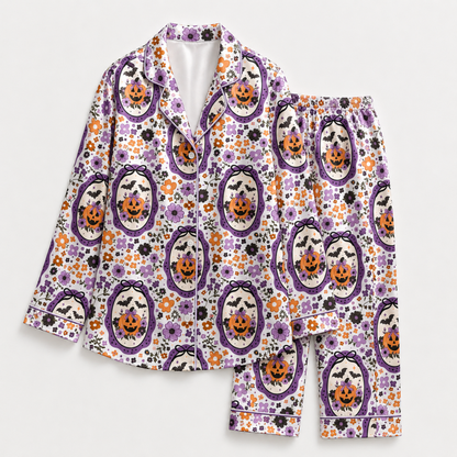 PJ-M371-Retro Floral Halloween Satin Pajamas Purple Cameo Pumpkin Bat Sleepwear Pjs