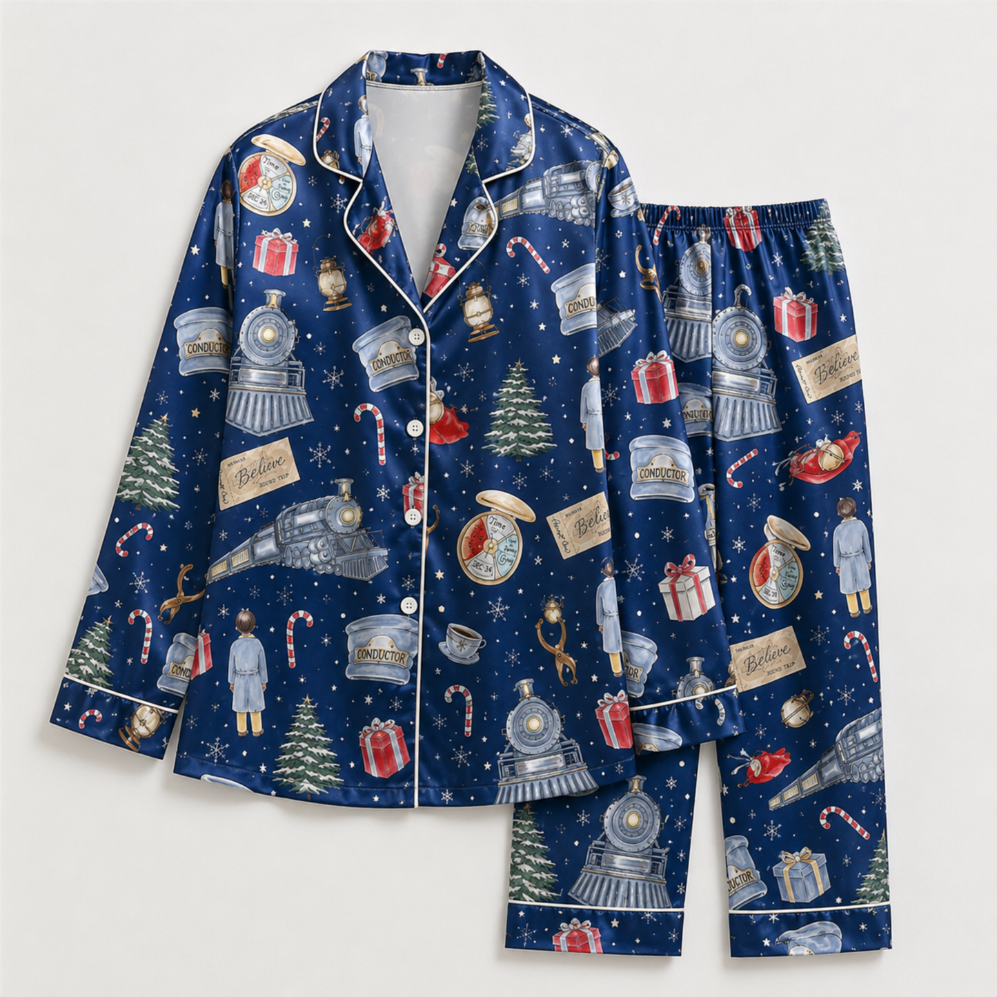 PJ-M372-Magical Christmas Train Satin Pajamas Navy Blue Holiday Sleepwear Winter Express Pjs