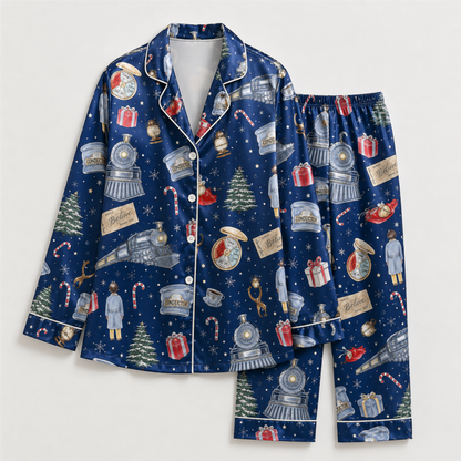 PJ-M372-Magical Christmas Train Satin Pajamas Navy Blue Holiday Sleepwear Winter Express Pjs