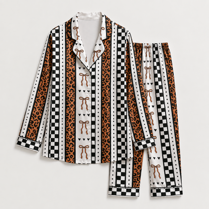 PJ-M373-Mixed Pattern Satin Pajamas Leopard Print Checkerboard Bow Striped Sleepwear