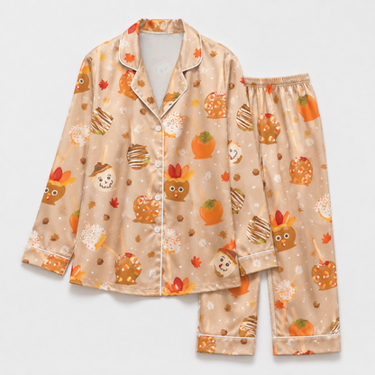 PJ-M374-Thanksgiving Turkey Caramel Apple Satin Pajamas Fall Harvest Sweet Treat Sleepwear