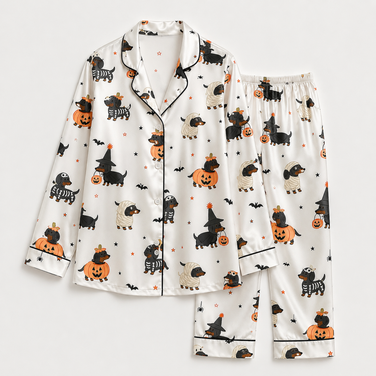 PJ-M376-Spooky Halloween Dachshund Costume Satin Pajamas Wiener Dog Mummy Pumpkin Sleepwear