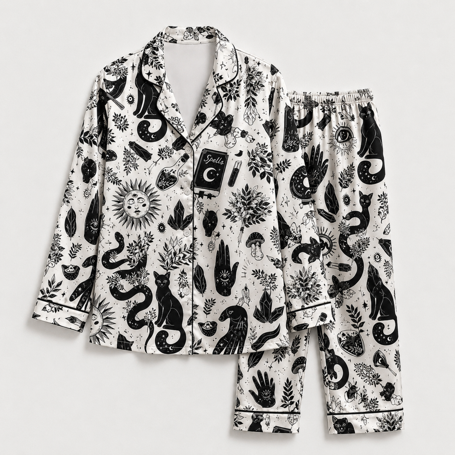 PJ-M377-Celestial Sun Moon Satin Pajamas Witchy Black Cat Occult Spellbook Sleepwear