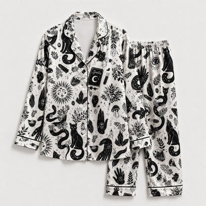 PJ-M377-Celestial Sun Moon Satin Pajamas Witchy Black Cat Occult Spellbook Sleepwear
