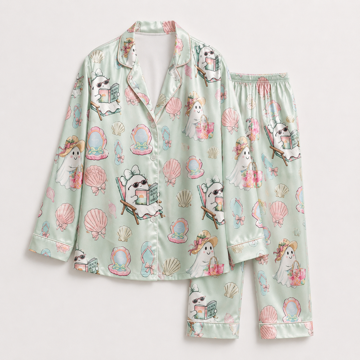 PJ-M384-Pastel Summerween Ghost Satin Pajamas Mint Green Coastal Beach Seashell Sleepwear