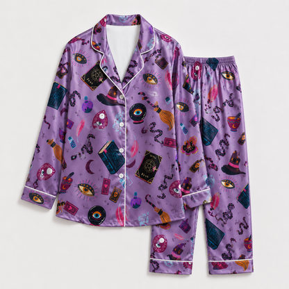 PJ-M387-Violet Witchy Magic Satin Pajamas Occult Spellbook Crystal Ball Sleepwear